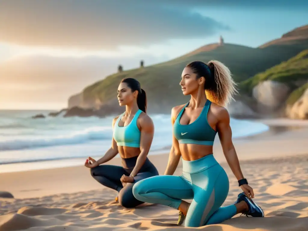 Un grupo diverso y seguro practica fitness en la playa de Uruguay