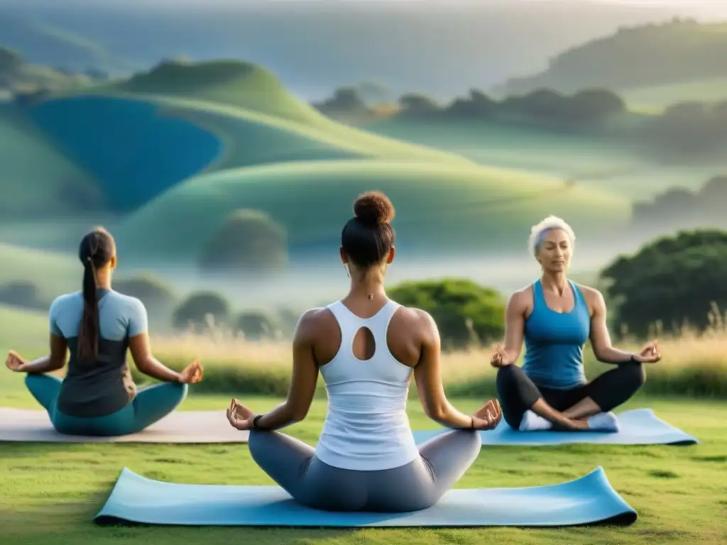 Un grupo diverso practica yoga en un prado verde rodeado de colinas bajo cielo azul