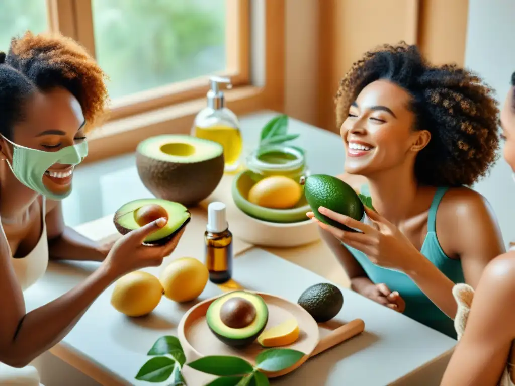 Un grupo diverso aplica productos de belleza veganos en un ambiente luminoso y natural