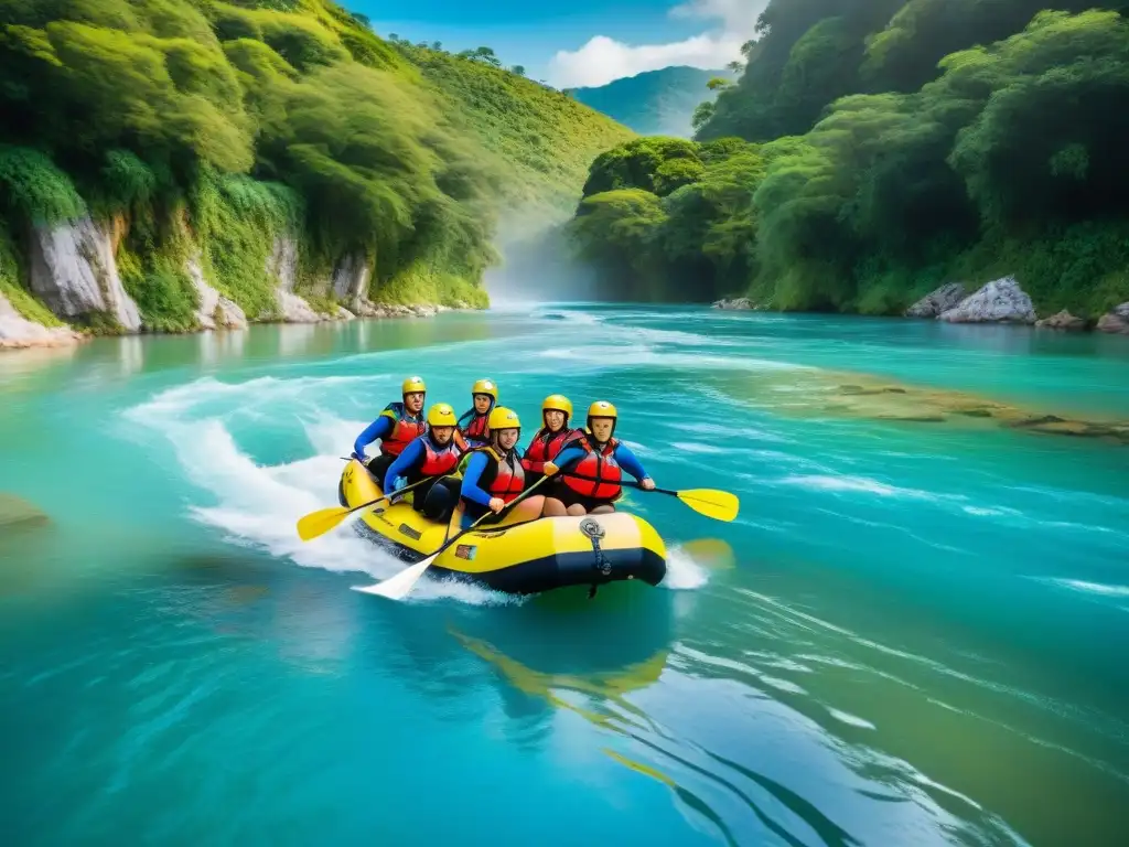 Grupo diverso disfruta del rafting en el río Cebollatí, transmitiendo emoción y bienestar integral