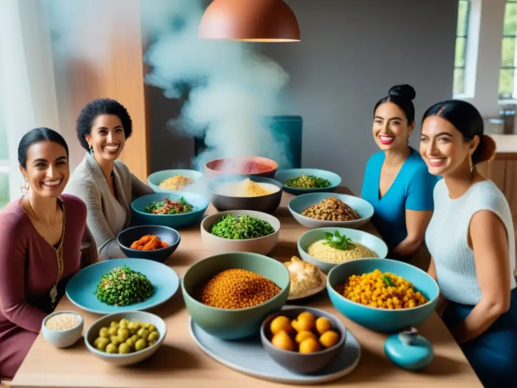 Un grupo diverso disfruta de recetas celiacas sabrosas en Uruguay, en un ambiente acogedor y lleno de alegría en la cocina