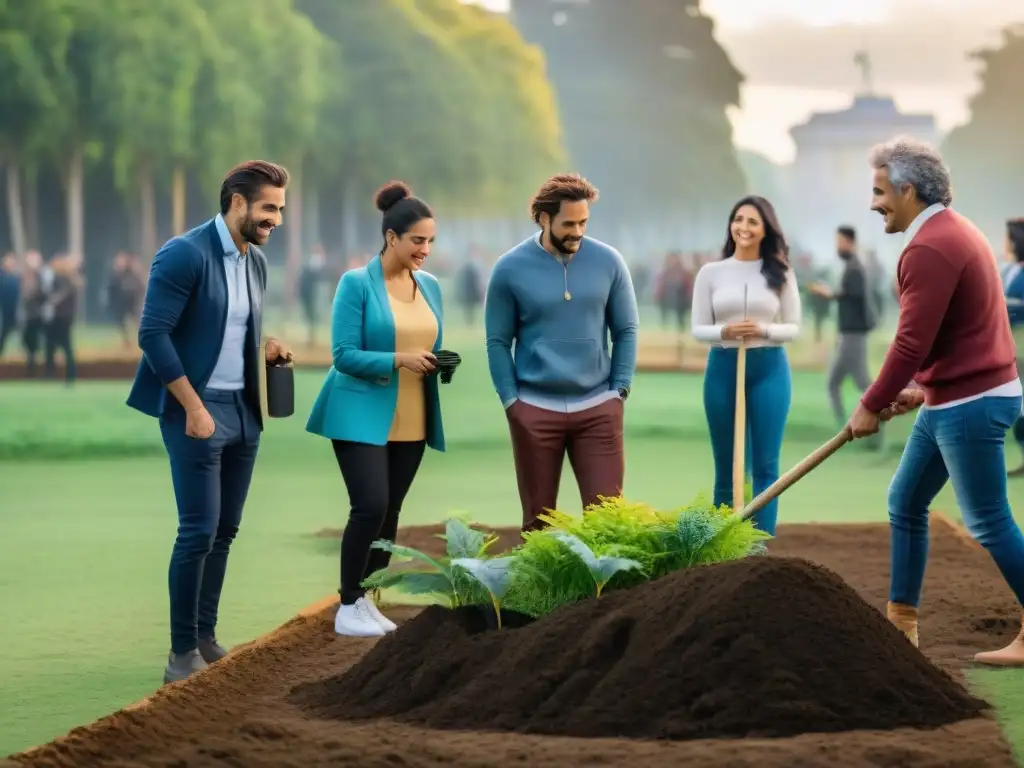 Grupo diverso en Uruguay desarrollando resiliencia al plantar árboles juntos en el parque de la ciudad