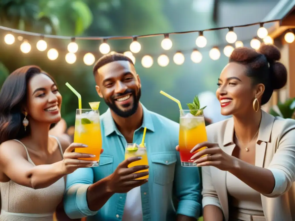 Un grupo diverso disfruta de una reunión al aire libre sin alcohol en un jardín acogedor