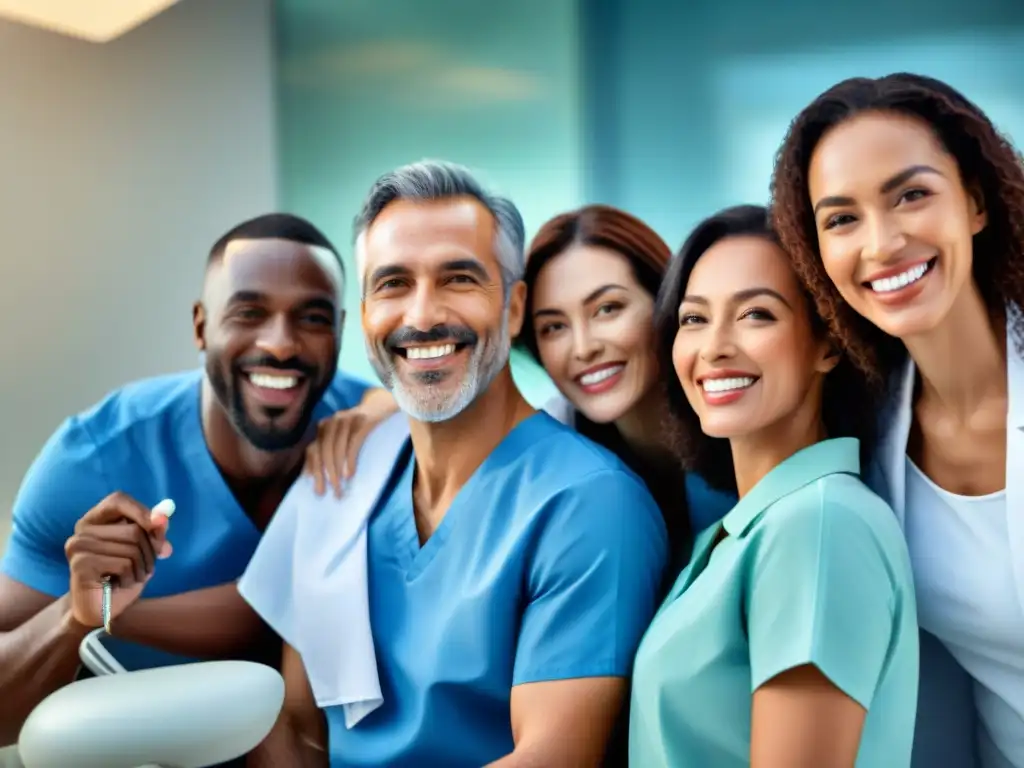 Grupo diverso sonriendo con salud bucal y felicidad en clínica dental moderna