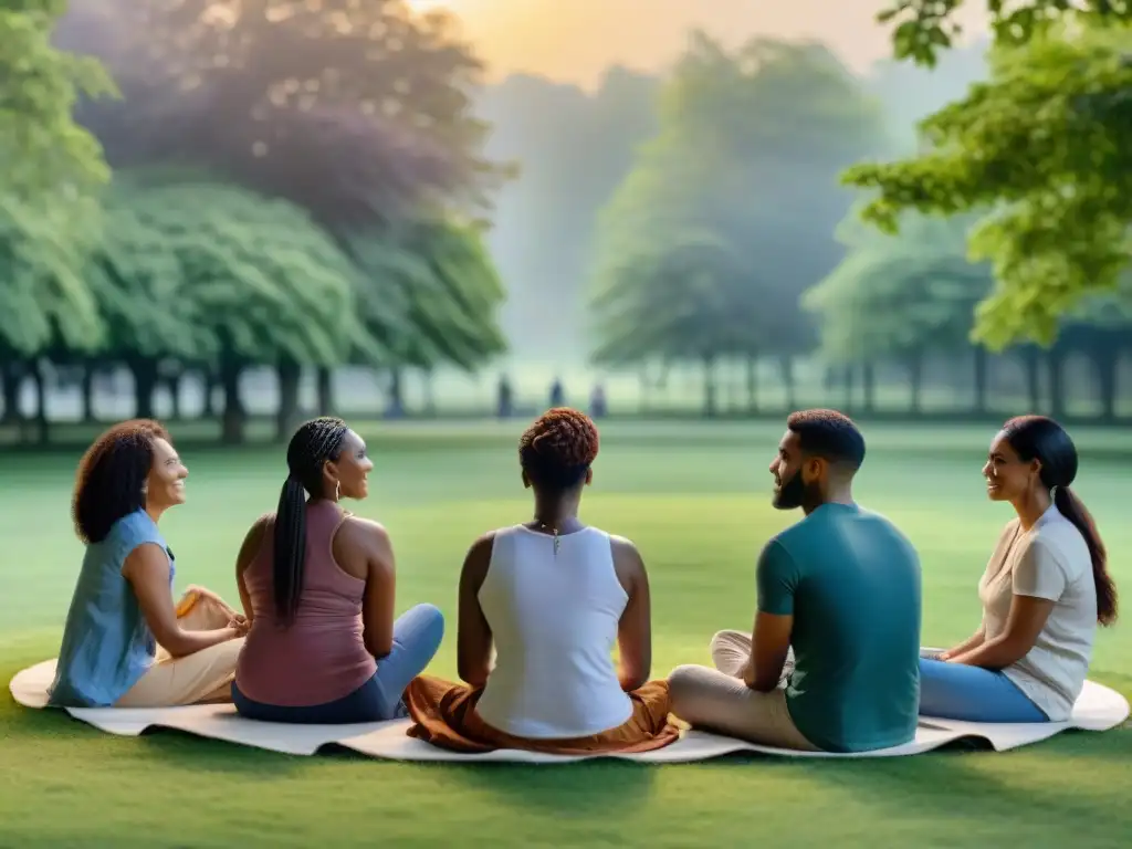 Grupo diverso conversa sobre salud mental en comunidad uruguaya en parque sereno y acogedor