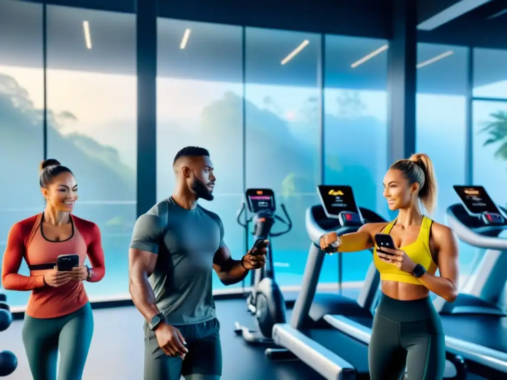 Un grupo diverso en activewear usa softwares de fitness en Uruguay en un gimnasio futurista