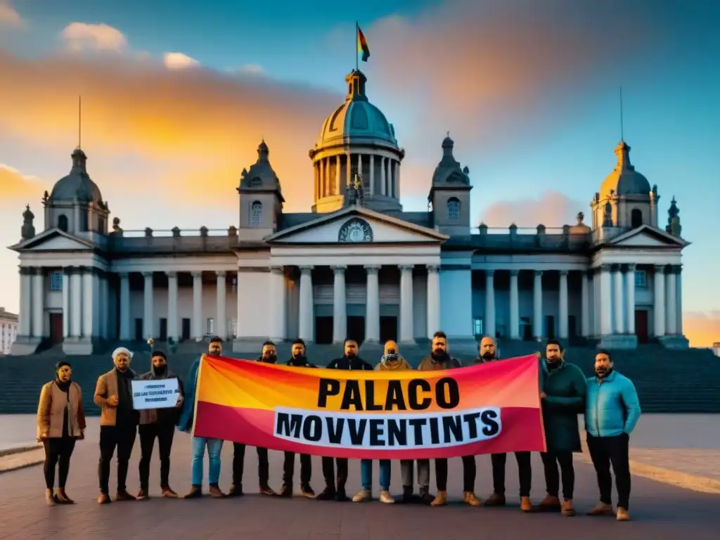 Un grupo diverso en solidaridad frente al Palacio Legislativo en Montevideo, con mensajes de activismo en Uruguay testimonios inspiradores