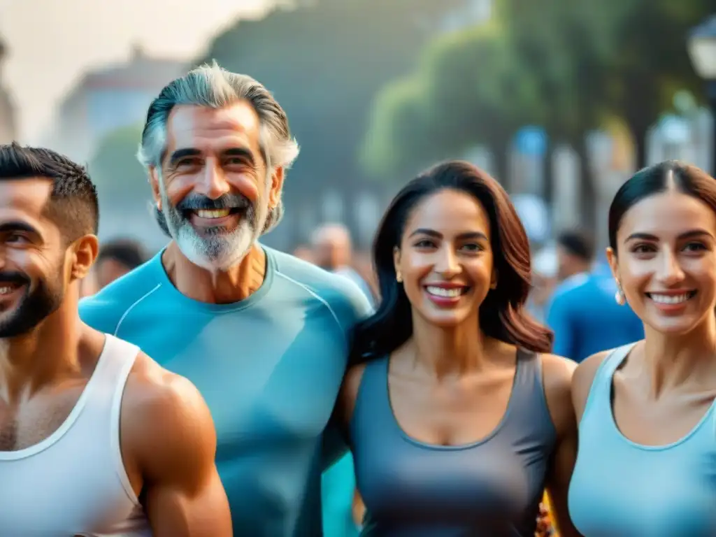 Un grupo diverso y sonriente en Uruguay disfrutando de actividades saludables juntos, destaca la importancia del seguro de salud en Uruguay