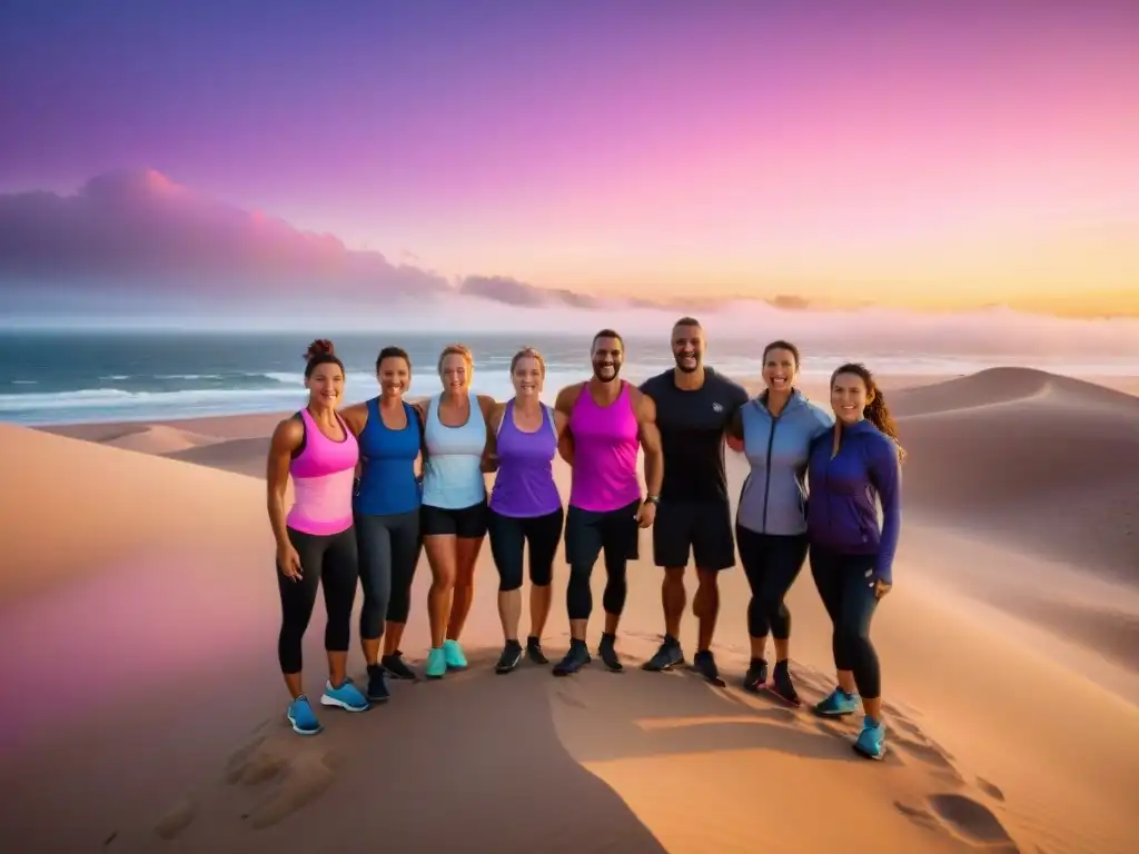 Un grupo diverso y sonriente en la cima de una duna en Valizas, Uruguay, al atardecer