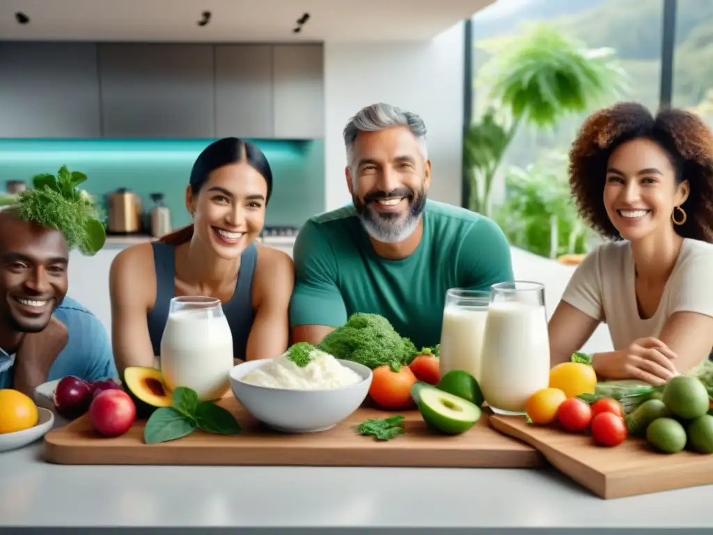 Grupo diverso sonriente en cocina moderna con alimentos frescos, promoviendo suplementos probióticos para salud digestiva