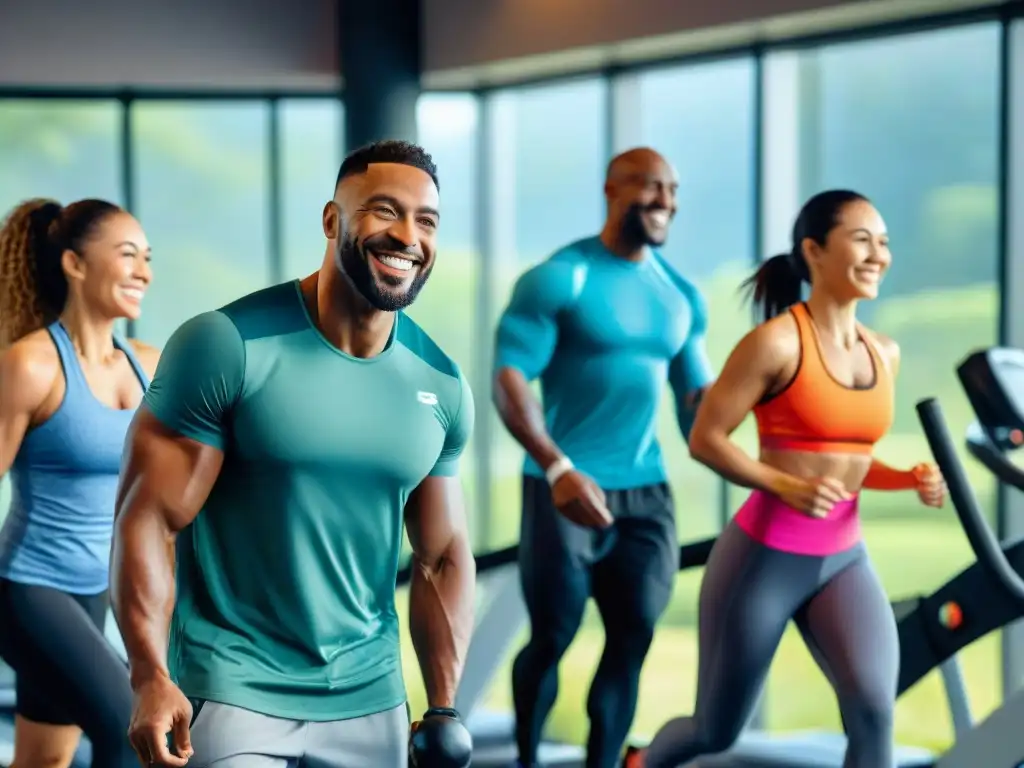 Un grupo diverso y sonriente de todas las edades y etnias ejercitando juntos en un gimnasio vibrante y equipado, transmitiendo comunidad y bienestar