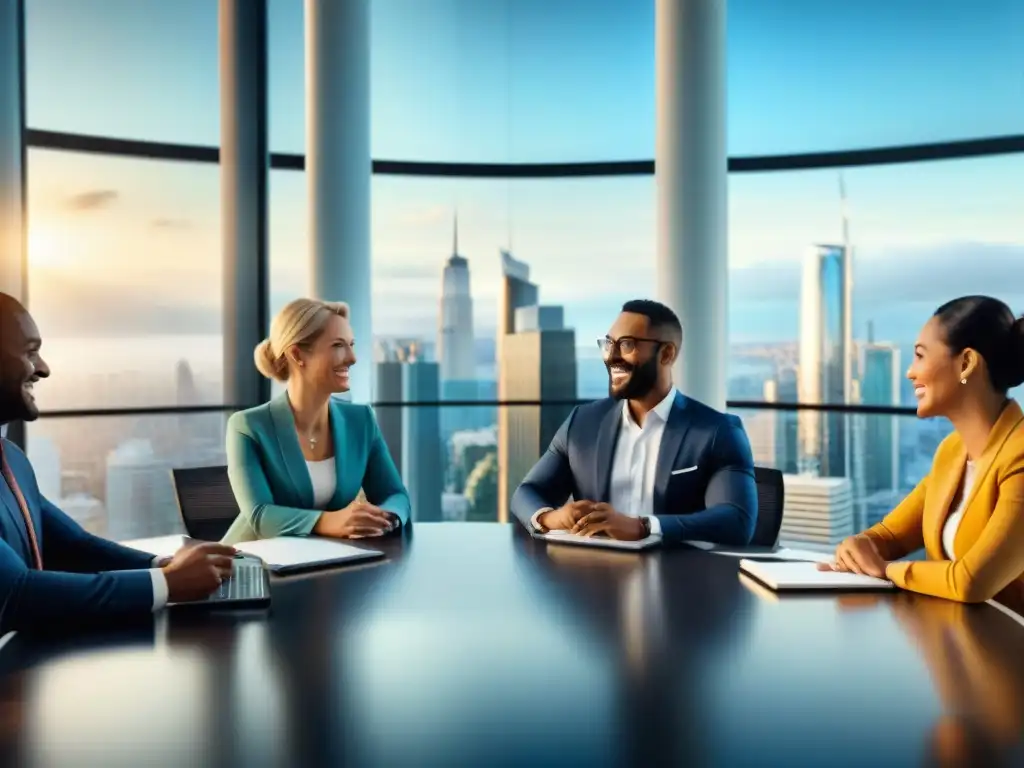 Un grupo diverso y sonriente en una reunión de negocios en una oficina contemporánea con vista a la ciudad