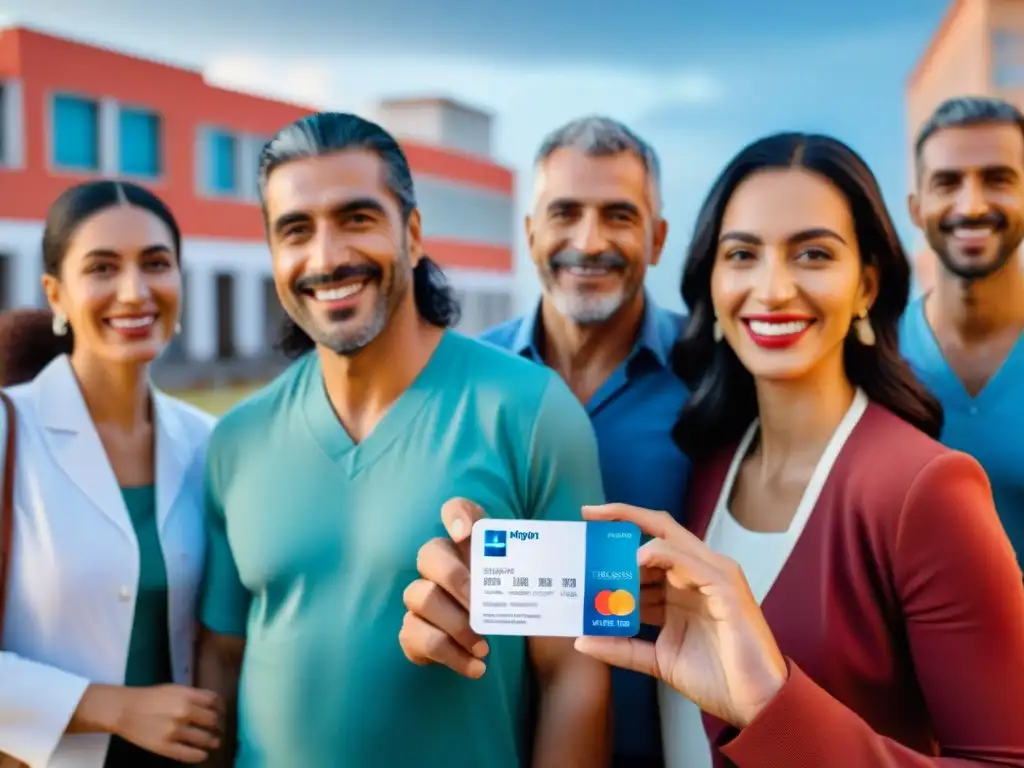 Grupo diverso sonriente con seguro de salud, hospital moderno al fondo en Uruguay