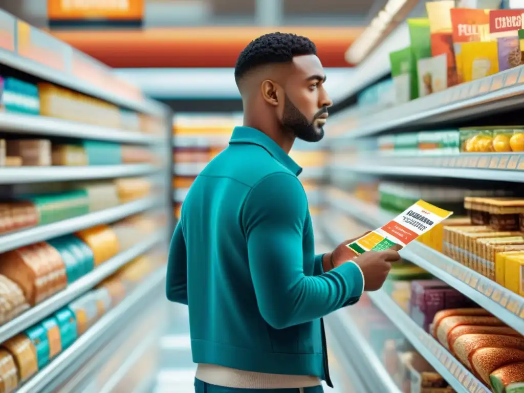 Grupo diverso en supermercado uruguayo leyendo etiquetas de alimentos con atención, reflejando conciencia y decisión consciente