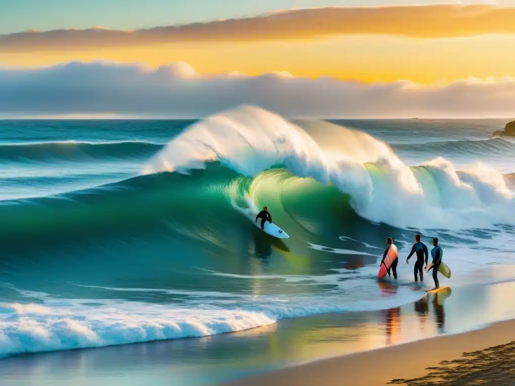 Grupo diverso disfruta de surf terapéutico en Uruguay al atardecer en Punta del Diablo