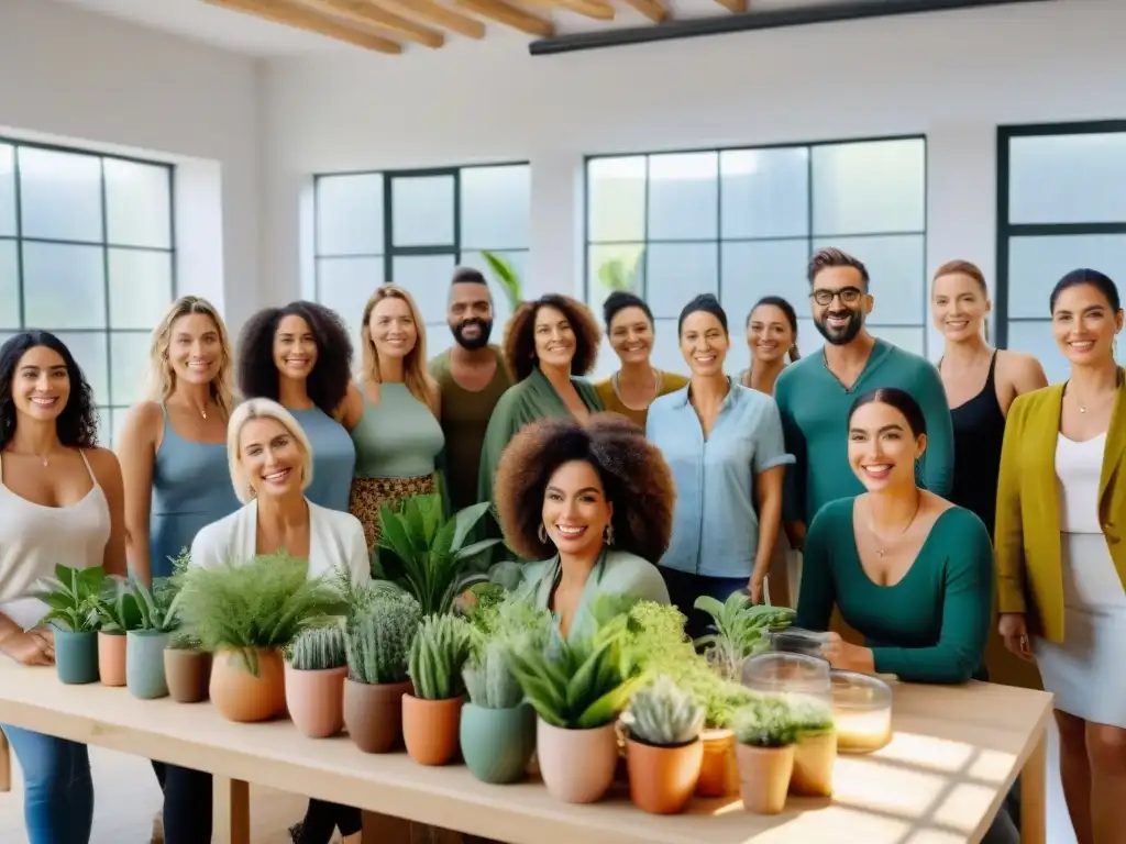 Un grupo diverso en Uruguay participa en taller ecoamigable de belleza en estudio luminoso