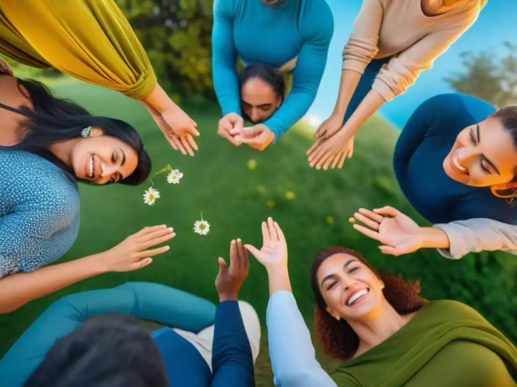 Un grupo diverso disfruta de un taller de inteligencia emocional en un hermoso parque de Uruguay