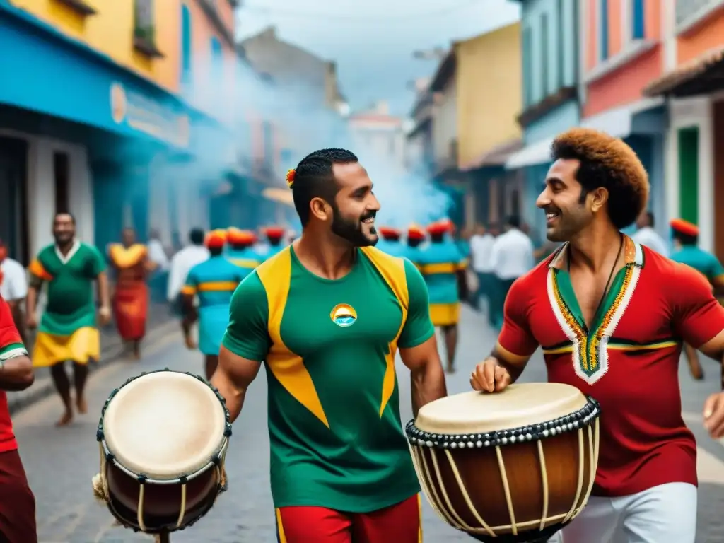 Grupo diverso tocando tambores de candombe en la calle, destacando beneficios candombe bienestar emocional