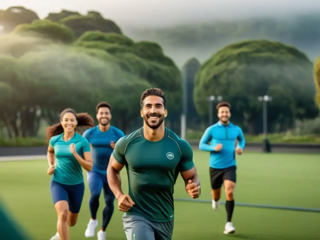 Grupo diverso practica técnicas avanzadas educación física en parque verde de Uruguay