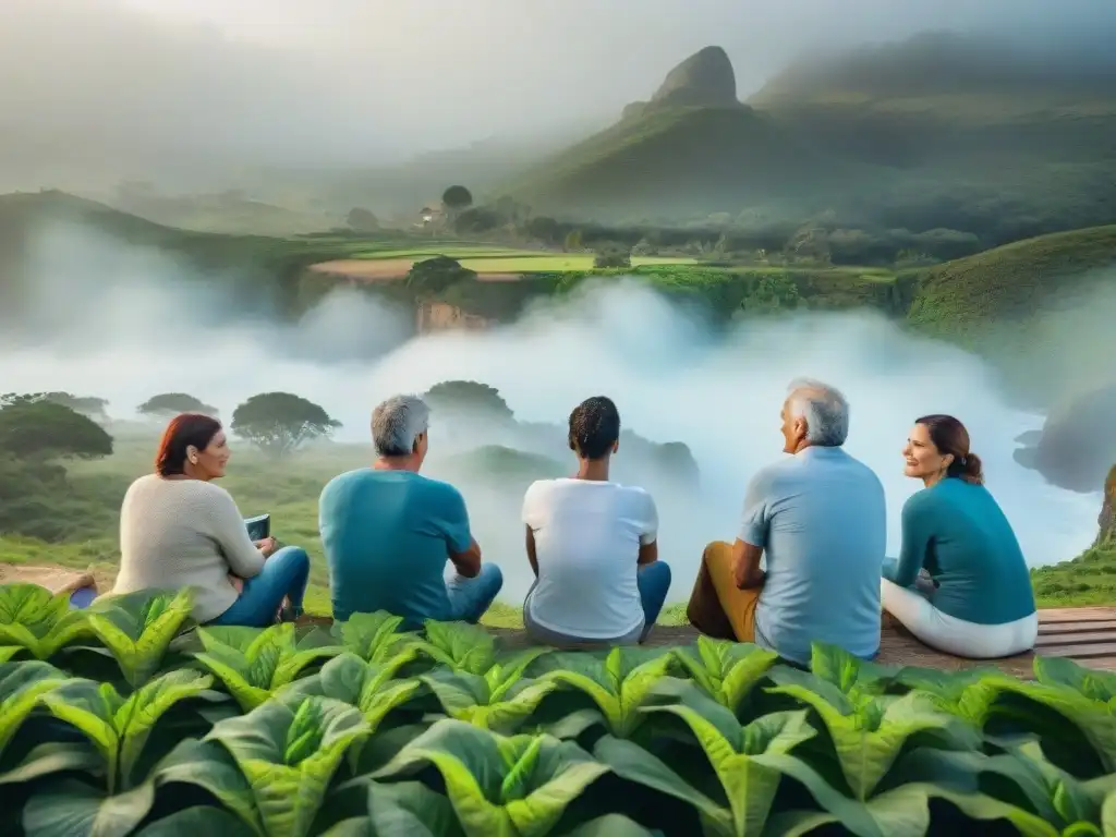 Un grupo diverso en terapia rodeado de naturaleza en Uruguay, simbolizando la cobertura salud mental seguros Uruguay