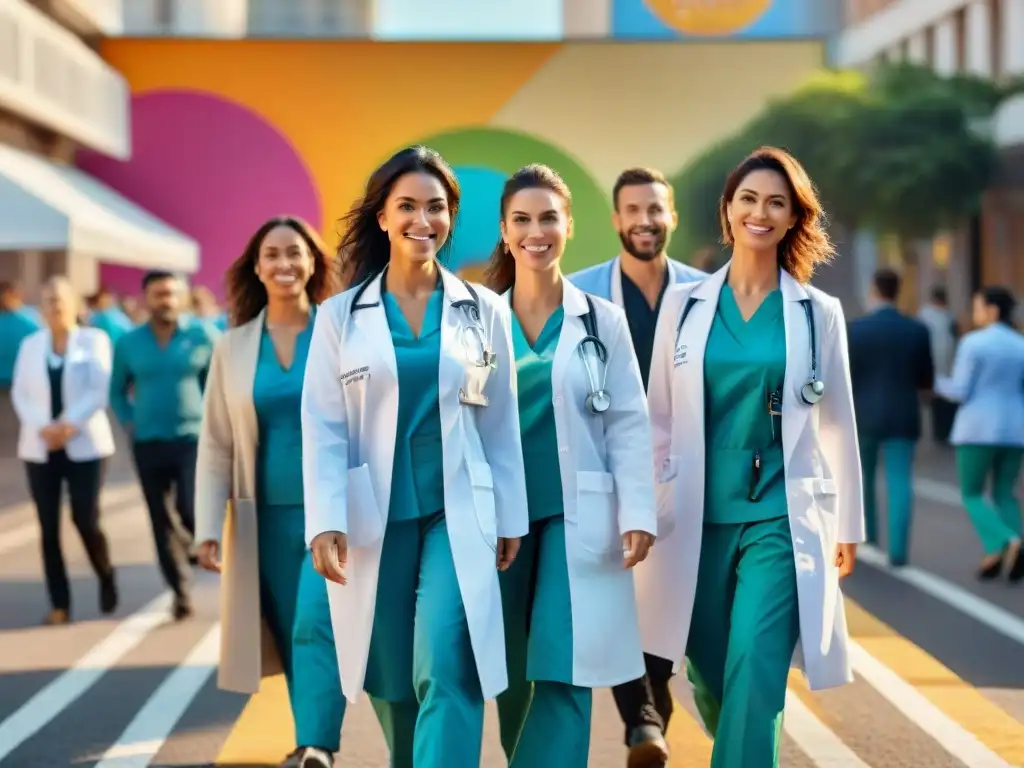 Un grupo diverso de trabajadores de la salud uruguayos sonrientes promocionando programas de alimentación saludable en un centro de salud urbano