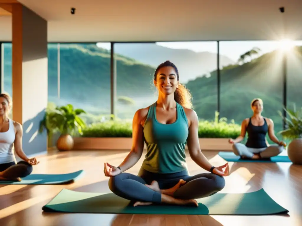 Grupo diverso de trabajadores uruguayos en sesión de yoga en oficina luminosa con vista a paisaje verde