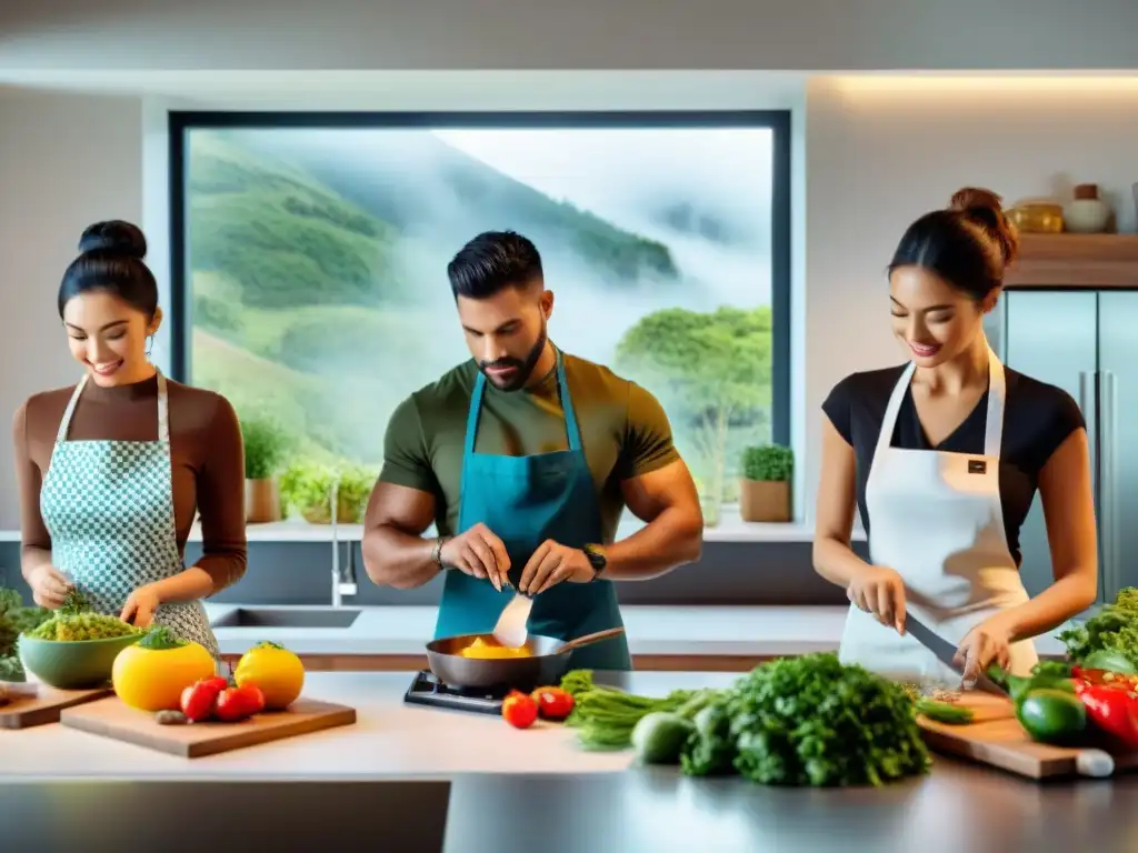 Un grupo diverso y unido cocina alegremente en una moderna cocina, preparando recetas cocina uruguaya diabéticos