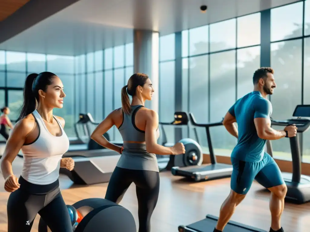 Grupo diverso de uruguayos ejercitándose con entusiasmo en un moderno gimnasio con equipamiento de alta tecnología