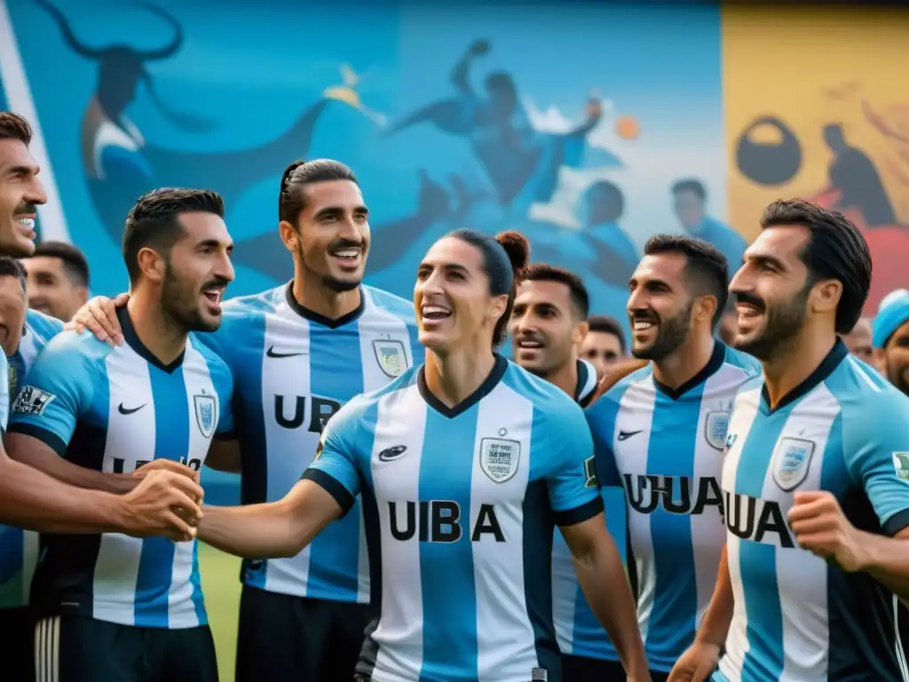 Grupo diverso de uruguayos en mural callejero vibrante, celebrando la importancia del fútbol uruguayo en bienestar