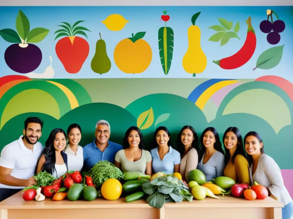 Grupo diverso de uruguayos sonrientes junto a mural de frutas y verduras en aula luminosa promoviendo enfoque integral bienestar Uruguay