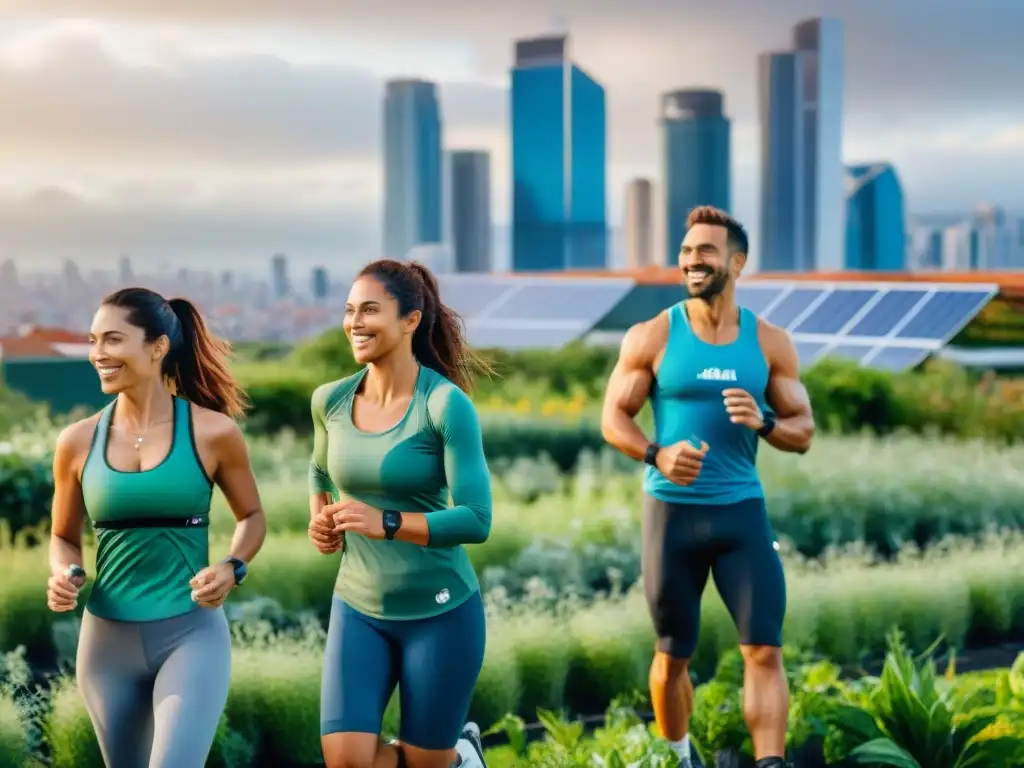 Grupo diverso de uruguayos sonrientes en wearables fitness sostenibles realizando ejercicios ecofriendly en jardín urbano