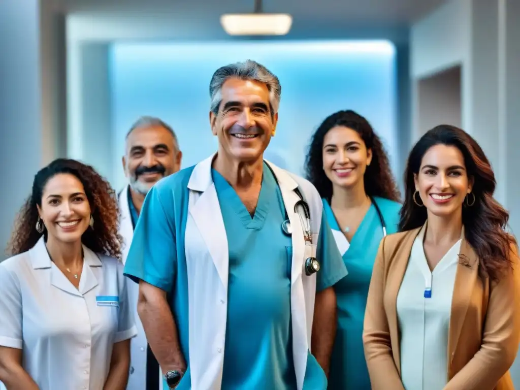 Un grupo diverso de uruguayos sonrientes en un centro de salud moderno, reflejando gratitud por las innovaciones en seguros de salud en Uruguay