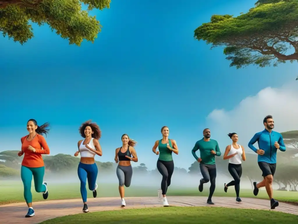 Un grupo diverso de uruguayos sonrientes practican actividades al aire libre juntos en un parque verde, transmitiendo comunidad y salud preventiva en Uruguay