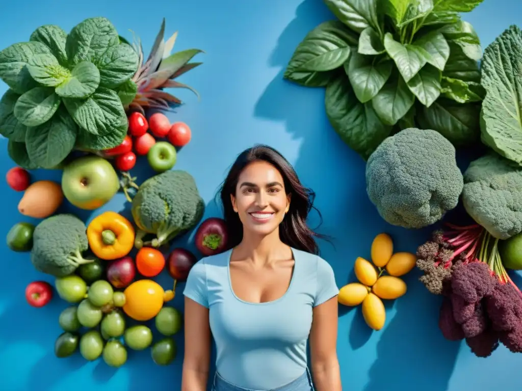 Un grupo diverso de uruguayos sonrientes con frutas y verduras, bajo un cielo azul