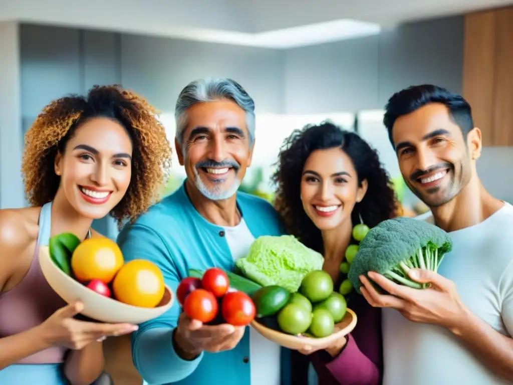 Un grupo diverso de uruguayos sonrientes sostienen frutas y verduras coloridas