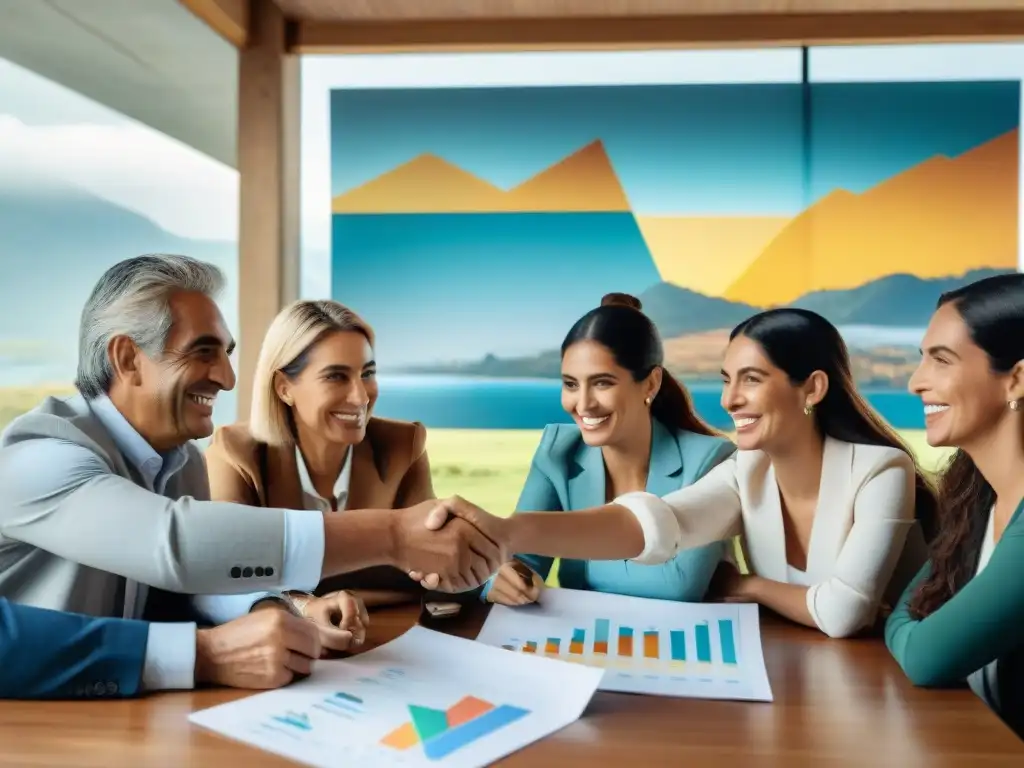 Grupo diverso de uruguayos sonrientes discutiendo trampas financieras comunes en moderna oficina con vista panorámica de Uruguay