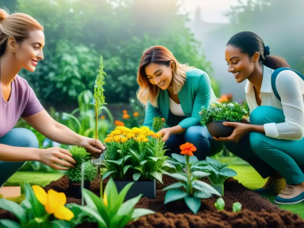 Un grupo diverso siembra un jardín vibrante juntos, bajo el sol