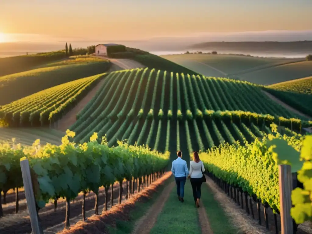 Un grupo diverso camina entre viñedos en Carmelo, Uruguay al atardecer, disfrutando de una experiencia de cata de vinos en la naturaleza