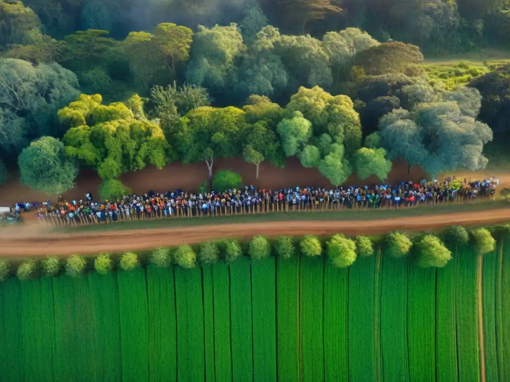 Un grupo diverso de voluntarios plantando árboles en los bosques de Uruguay al atardecer, promoviendo el Voluntariado Ambiental en Uruguay