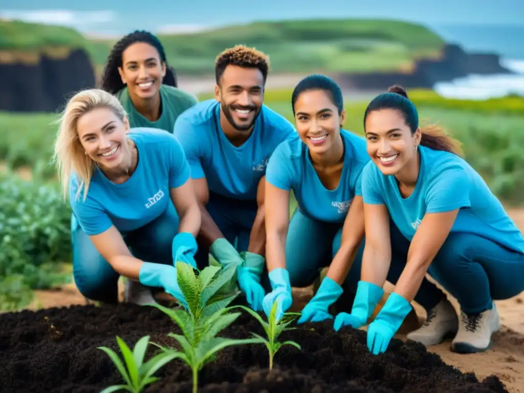 Un grupo diverso de voluntarios planta árboles junto a la costa uruguaya en armonía