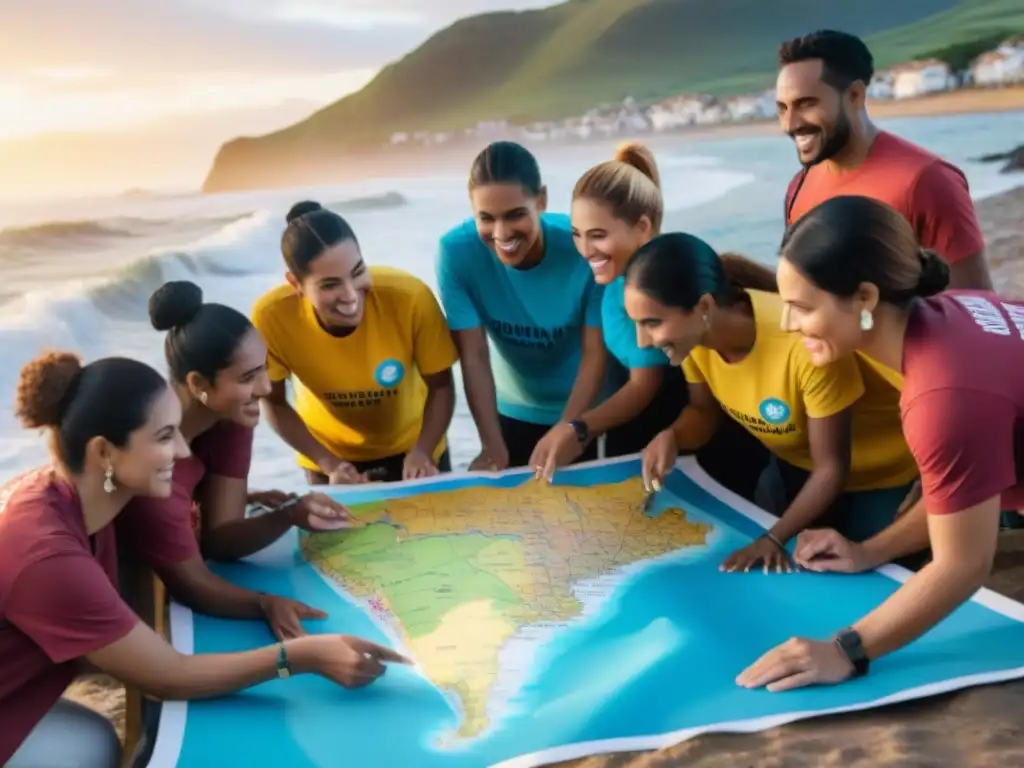 Grupo diverso de voluntarios con camisetas coloridas y logo de mano solidaria, reunidos alrededor de un mapa de Uruguay al atardecer en la playa