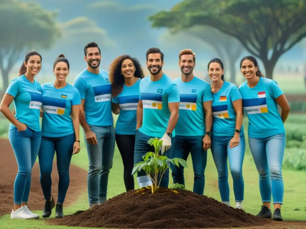 Un grupo diverso de voluntarios con camisetas de Uruguay plantando árboles en un parque verde