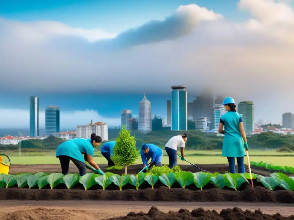 Un grupo diverso de voluntarios comprometidos en actividades de servicio comunitario en Uruguay, con un vibrante paisaje urbano de fondo