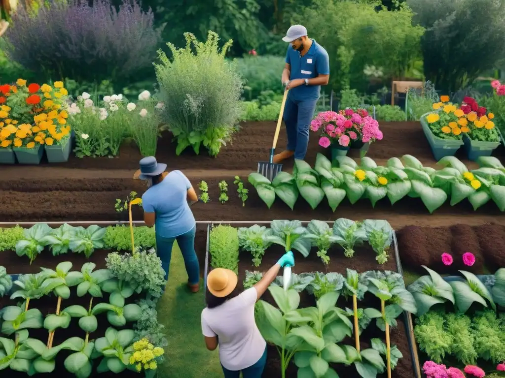 Un grupo diverso de voluntarios colabora en un jardín comunitario, rodeados de flores y vegetación