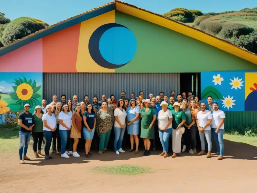 Un grupo diverso de voluntarios entusiastas en un centro de reciclaje comunitario en Uruguay