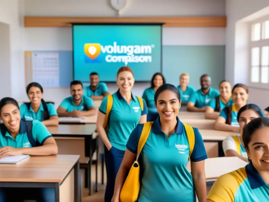 Un grupo diverso de voluntarios colabora feliz en un aula moderna en Uruguay