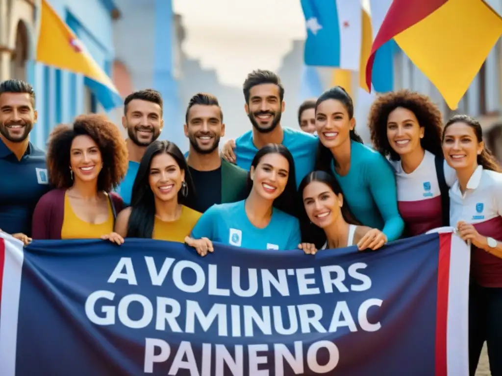 Un grupo diverso de voluntarios en Uruguay, unidos en filantropía y planificación financiera, rodeados de colores y frases inspiradoras