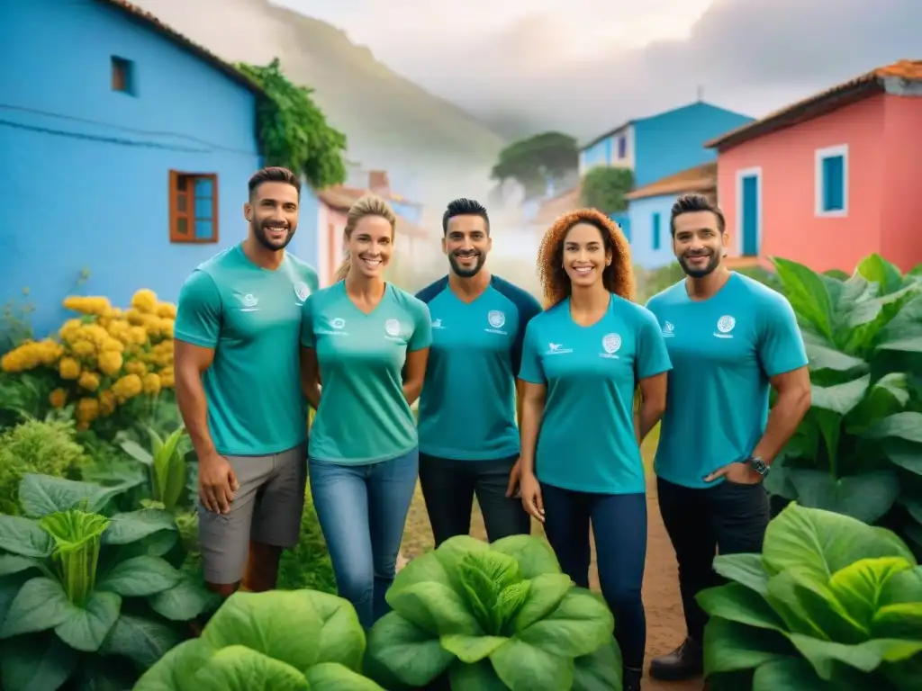 Un grupo diverso de voluntarios en Uruguay trabajando juntos para apoyar a comunidades locales, rodeados de exuberante vegetación y edificaciones coloridas, mostrando el espíritu de unidad y filantropía en acción