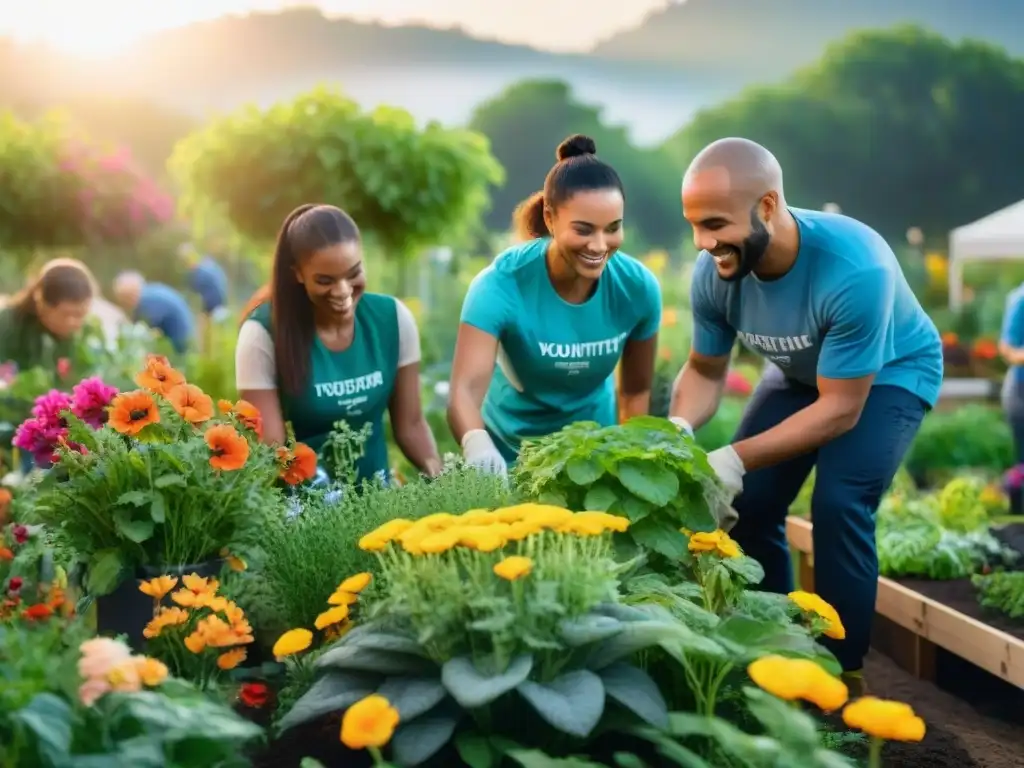 Un grupo diverso de voluntarios trabajando juntos en un jardín comunitario, rodeados de flores y vegetación