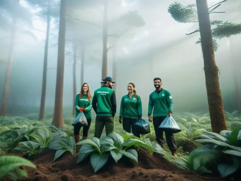 Un grupo diverso de voluntarios trabajando juntos en un bosque verde en Uruguay